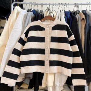 Black Cream Striped Knit Button Cardigan